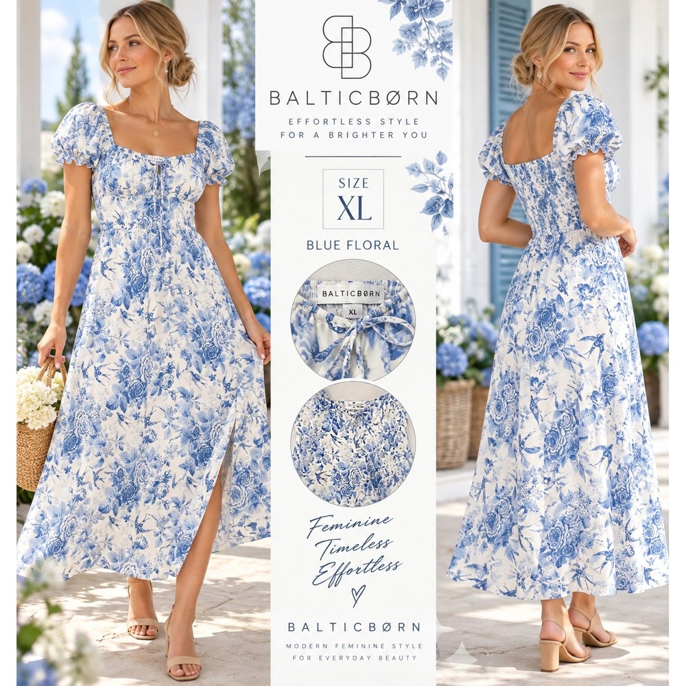 NWT BALTIC BORN Cadence Midi Dress XL Blue Floral Puff Sleeve Boho #1872